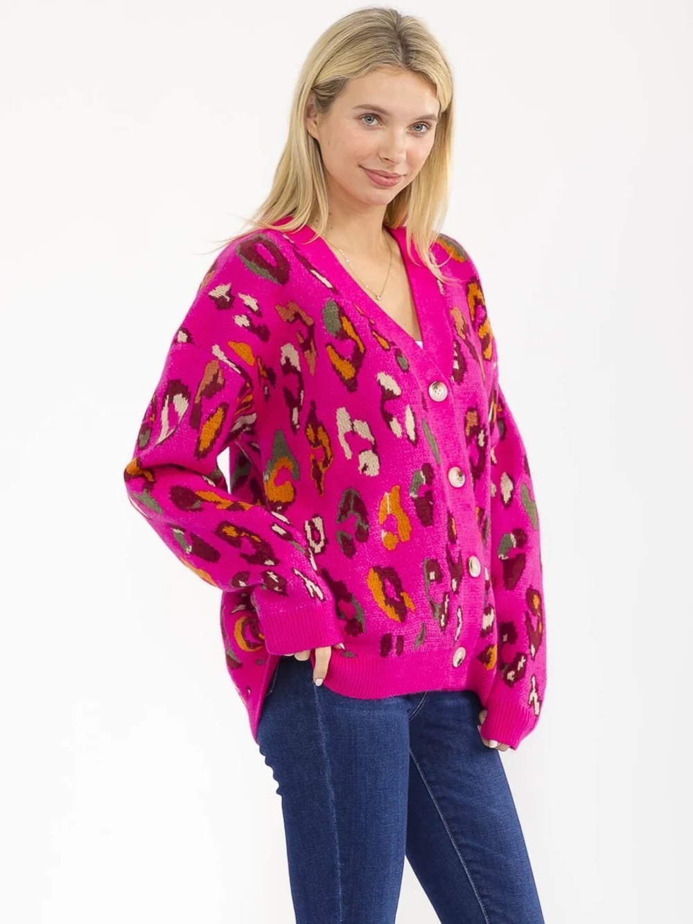 Bright Pink Leopard Print V-Neck Button Cardigan Sweater